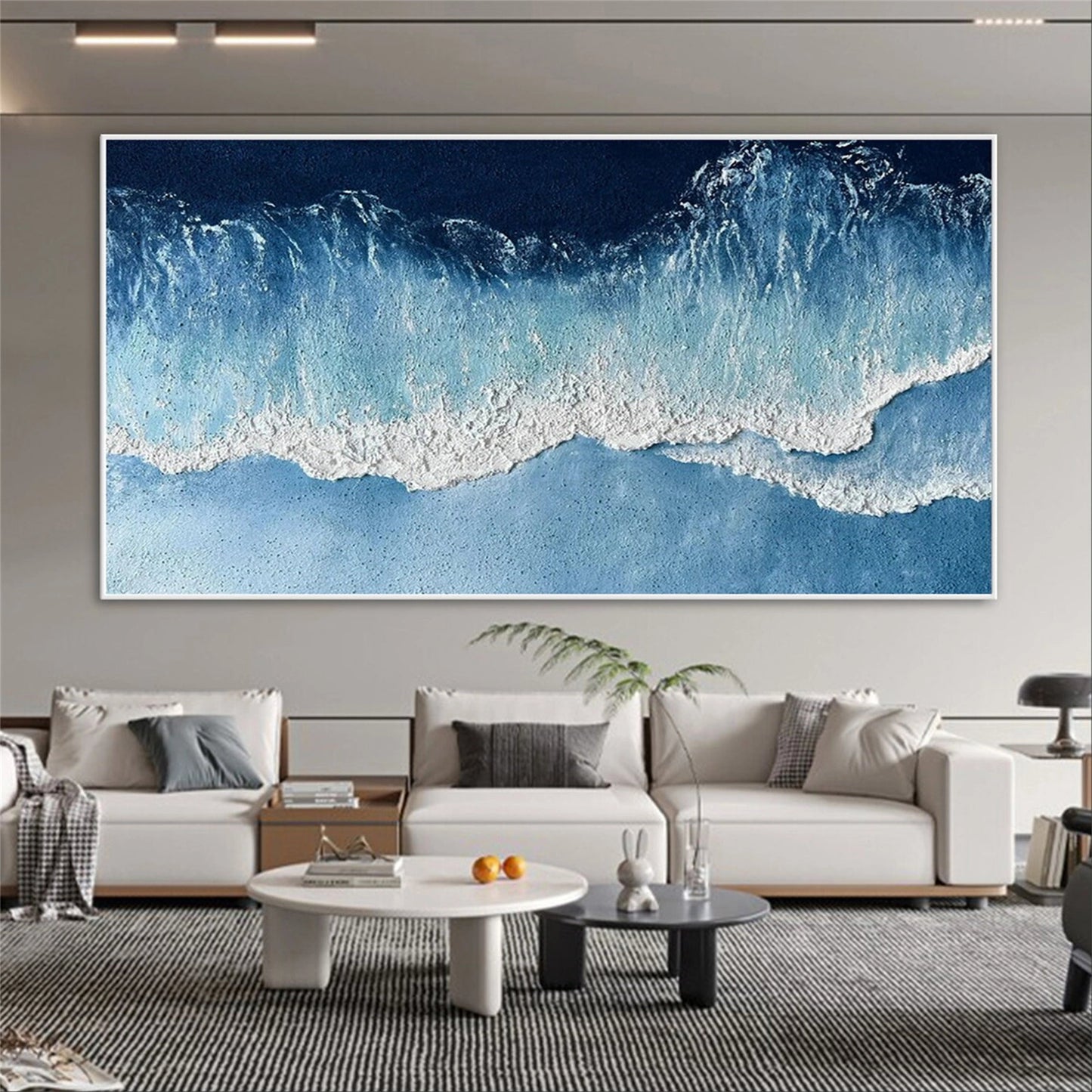 Modern Textured Ocean Wave Wall Art - Large Vertical Blue Abstract Canvas Painting #ZZ066