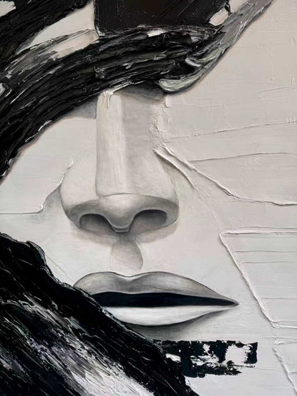 Minimalist Abstract Black and White Face Oil Painting - Textured Oversized Vertical Hand-Painted Art #ZZ199