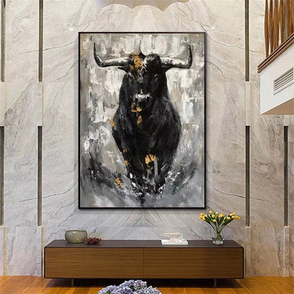 Powerful Abstract Bull Canvas Art - Large Hand-Painted Animal Oil Painting for Office Decor #ZZ024