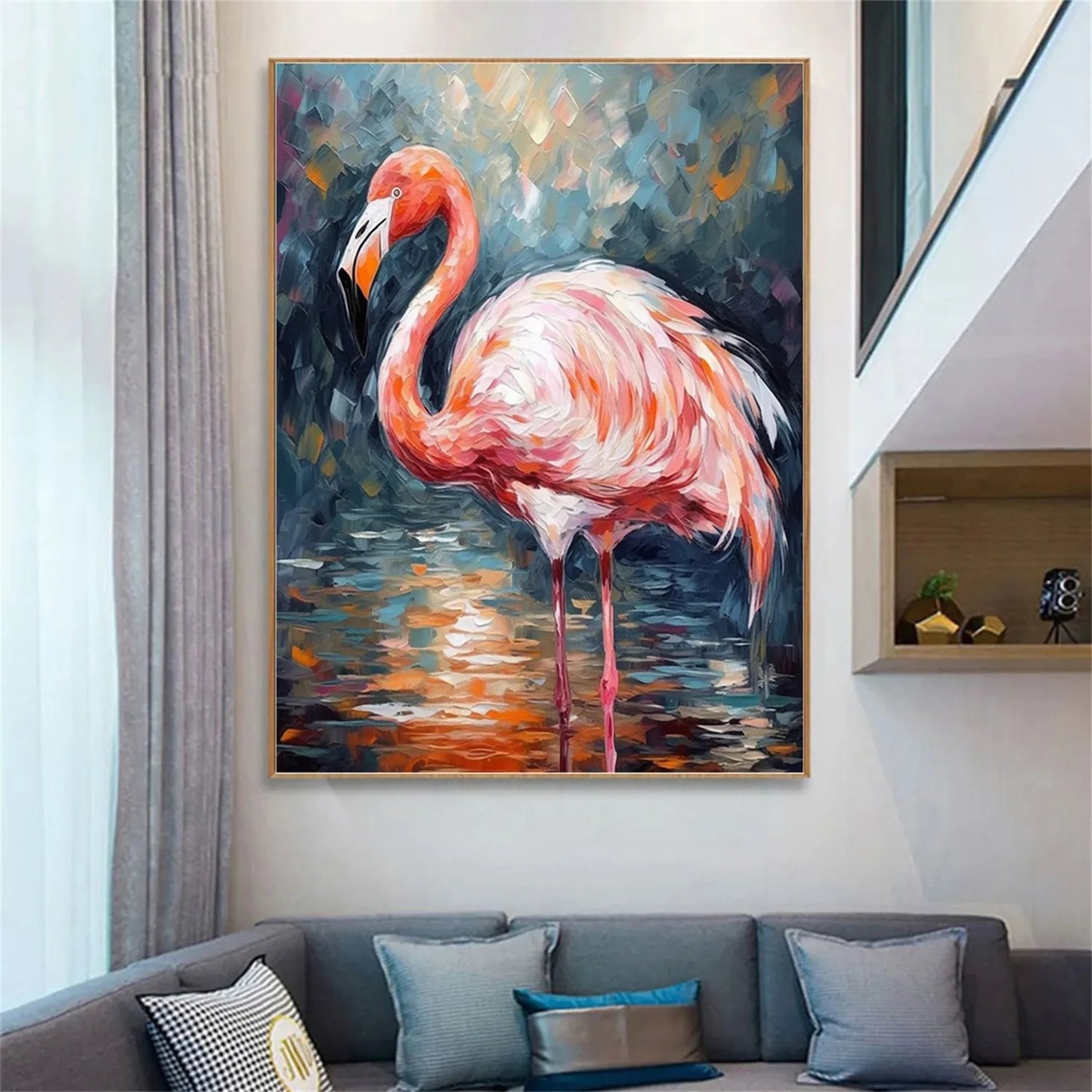 Pink Flamingo Wall Art - Large Hand-Painted Textured Bird Oil Painting on Canvas for Modern Home Decor #ZZ209