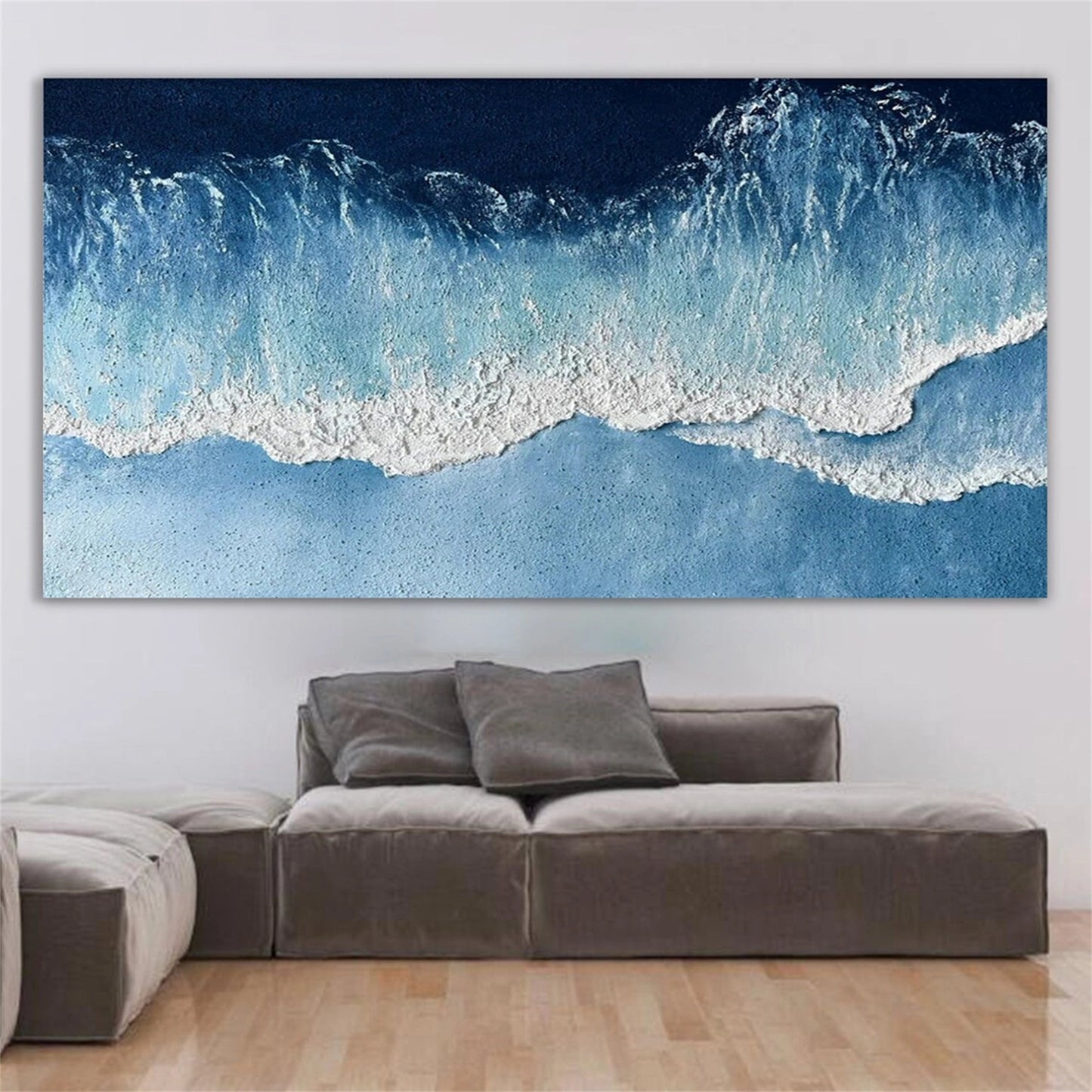 Modern Textured Ocean Wave Wall Art - Large Vertical Blue Abstract Canvas Painting #ZZ066