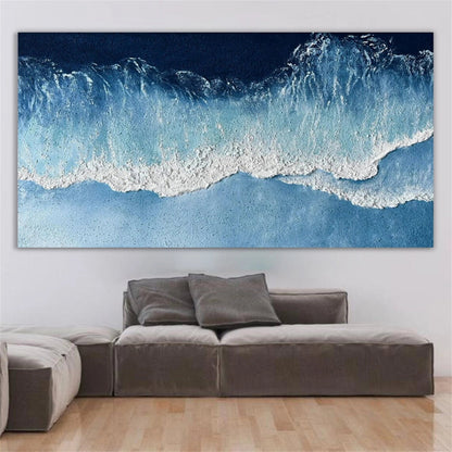 Modern Textured Ocean Wave Wall Art - Large Vertical Blue Abstract Canvas Painting #ZZ066