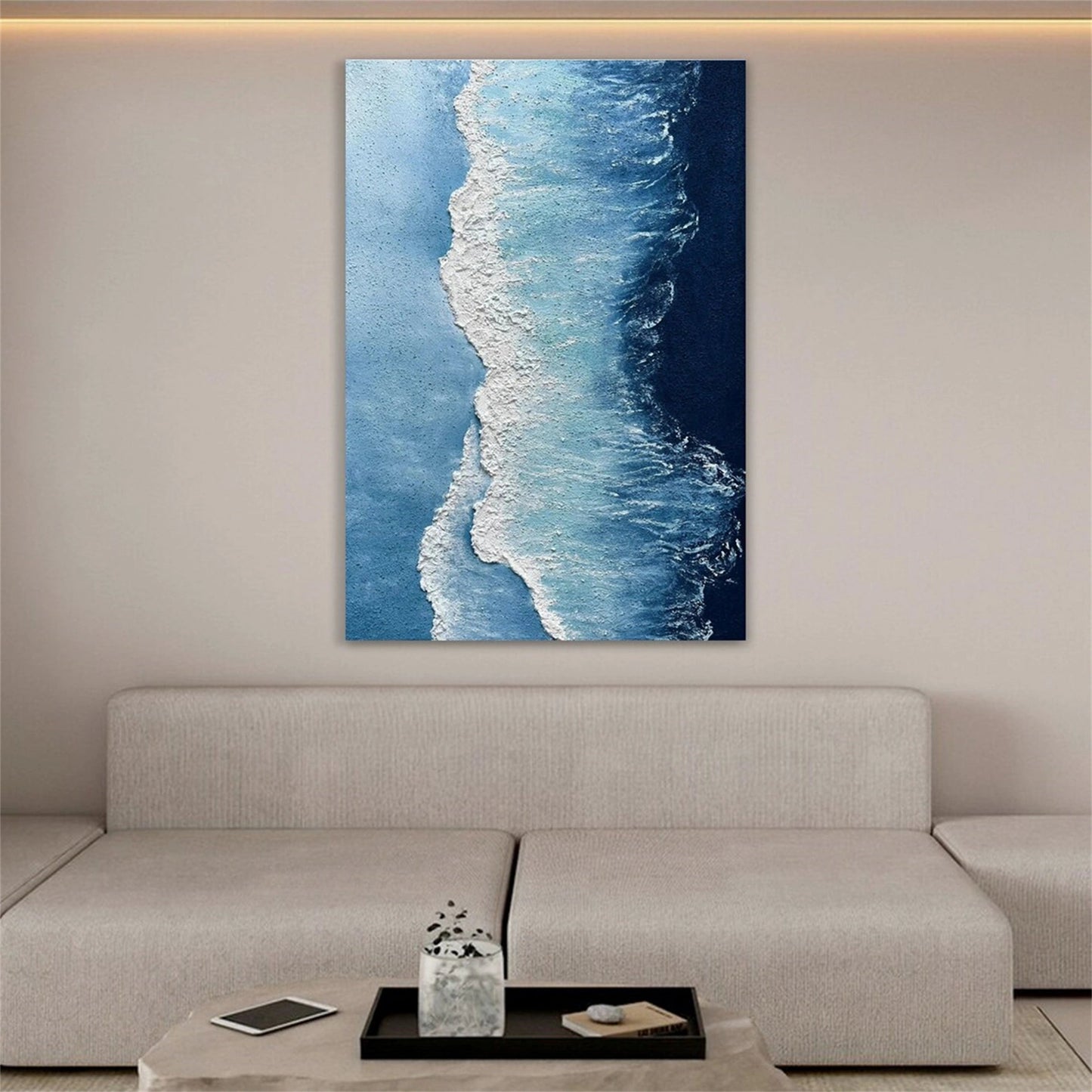 Modern Textured Ocean Wave Wall Art - Large Vertical Blue Abstract Canvas Painting #ZZ066