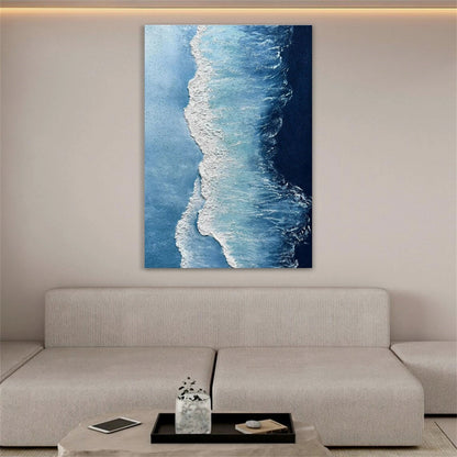 Modern Textured Ocean Wave Wall Art - Large Vertical Blue Abstract Canvas Painting #ZZ066