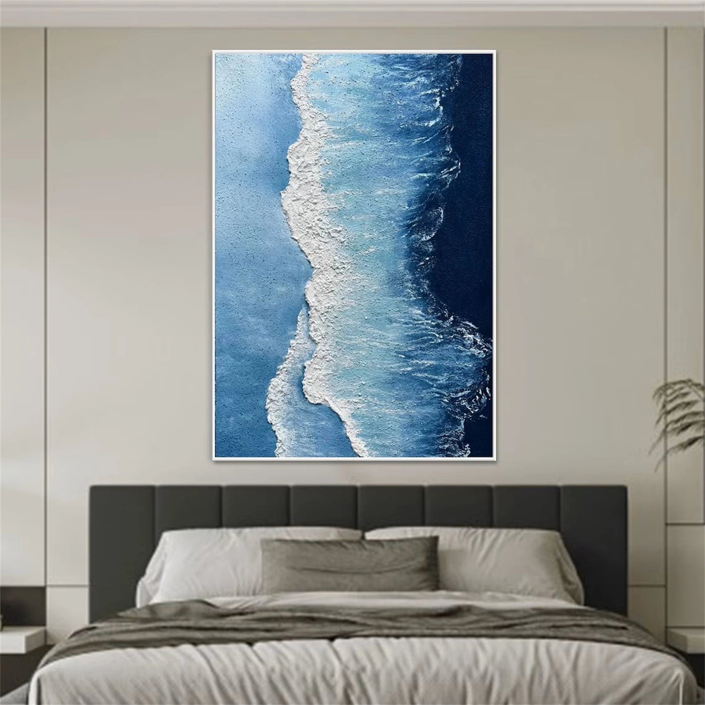 Modern Textured Ocean Wave Wall Art - Large Vertical Blue Abstract Canvas Painting #ZZ066