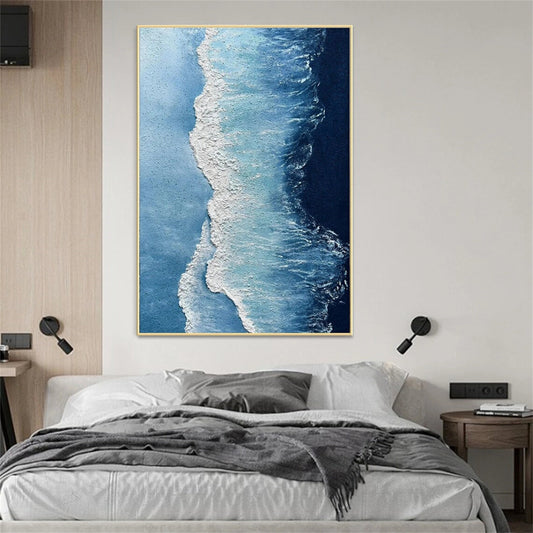 Large Abstract Wave Art | Vertical Textured Ocean Painting Blue