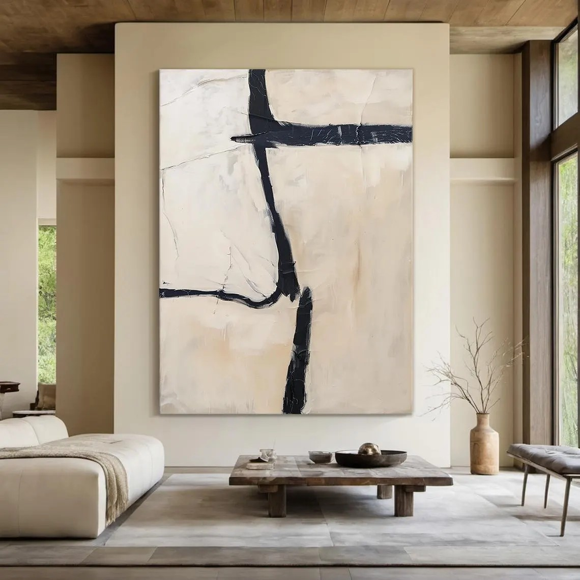 Large hand-painted serene birch forest oil painting with warm woodland tones #AA300