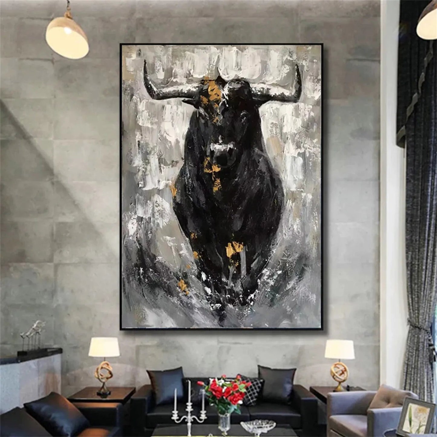 Powerful Abstract Bull Canvas Art - Large Hand-Painted Animal Oil Painting for Office Decor #ZZ024