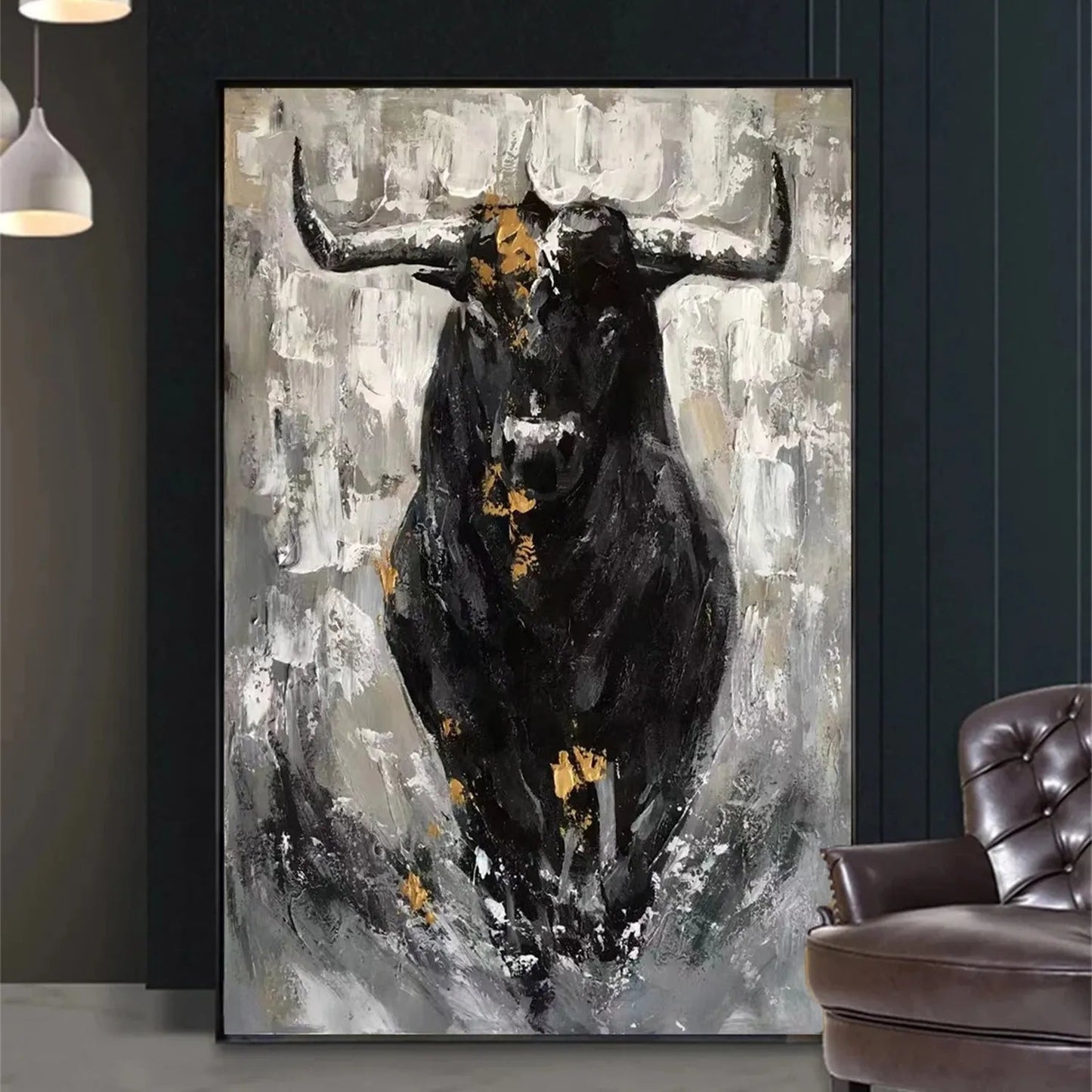 Powerful Abstract Bull Canvas Art - Large Hand-Painted Animal Oil Painting for Office Decor #ZZ024