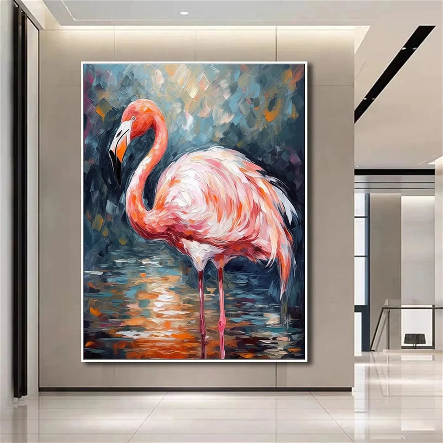 Pink Flamingo Wall Art - Large Hand-Painted Textured Bird Oil Painting on Canvas for Modern Home Decor #ZZ209
