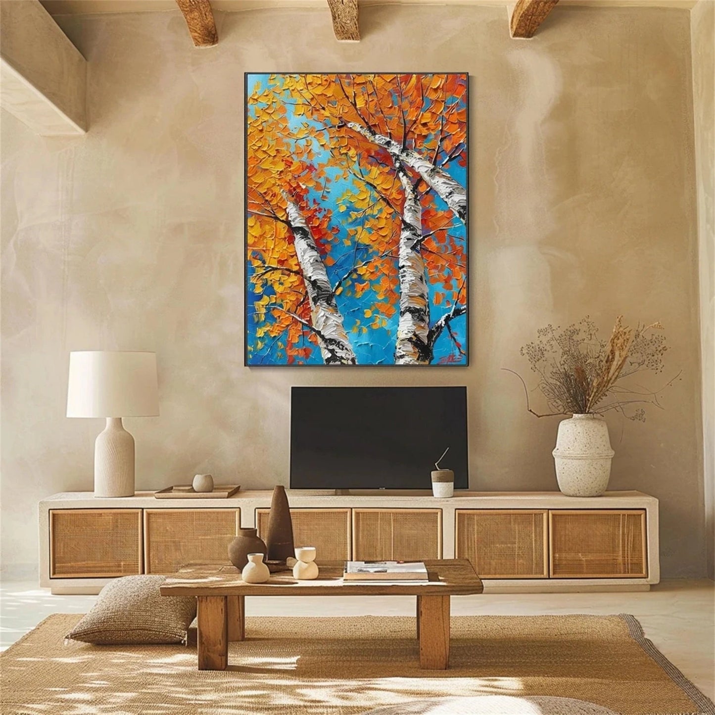 Autumn Birches Hand-Painted Oil Painting - Large Textured Orange Leaves Canvas Art for Home Office #JJ349