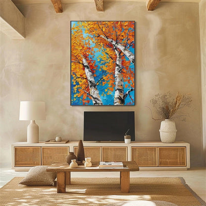 Autumn Birches Hand-Painted Oil Painting - Large Textured Orange Leaves Canvas Art for Home Office #JJ349