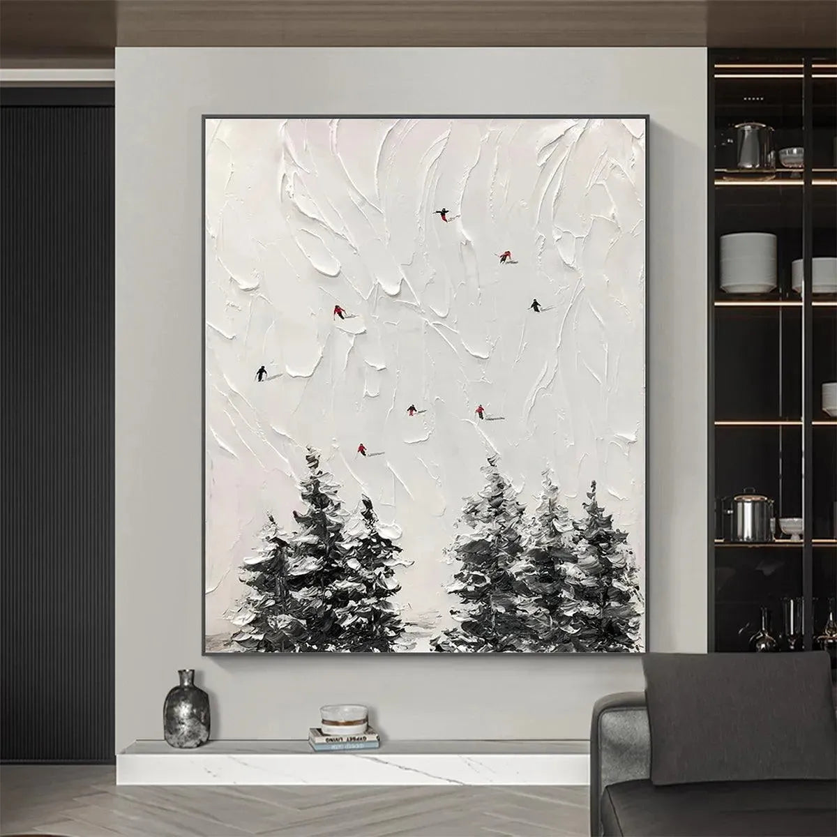 Large hand-painted textured 3D ski painting with minimalist impasto detail