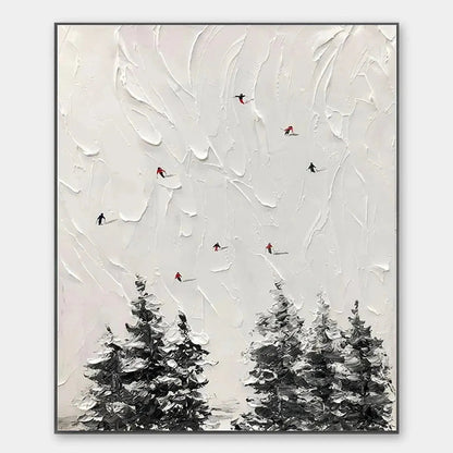 Large hand-painted textured 3D ski painting with minimalist impasto detail