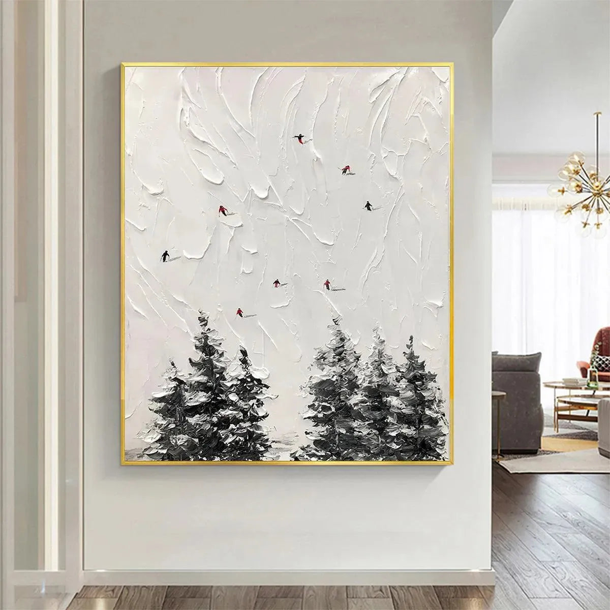 Large hand-painted textured 3D ski painting with minimalist impasto detail