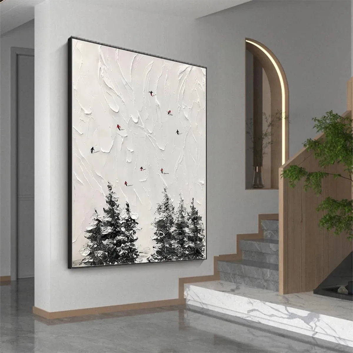 Large hand-painted textured 3D ski painting with minimalist impasto detail