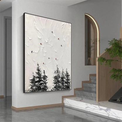 Large hand-painted textured 3D ski painting with minimalist impasto detail