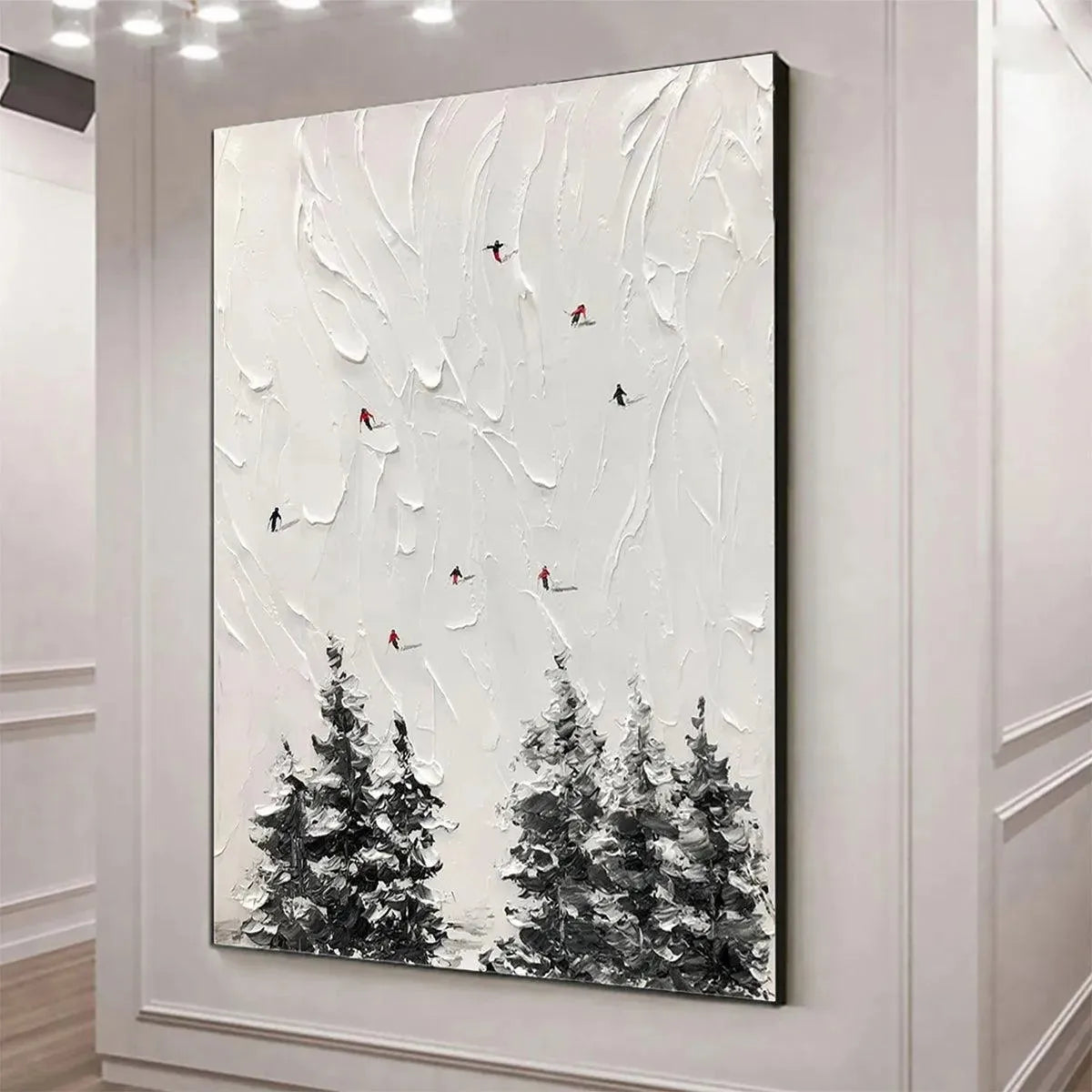 Large hand-painted textured 3D ski painting with minimalist impasto detail