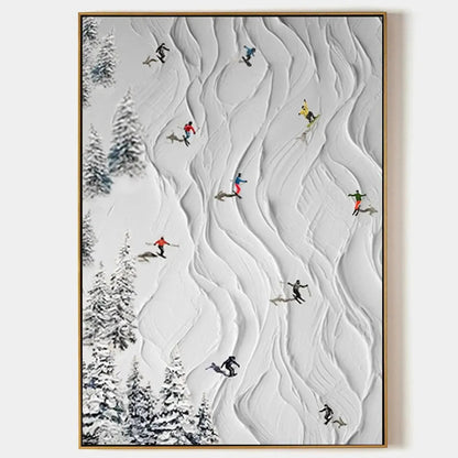 Modern Colorful Skiers on Snow Art - Large Vertical 3D Textured Sports Oil Painting #AA222