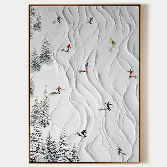 Modern Colorful Skiers on Snow Art - Large Vertical 3D Textured Sports Oil Painting #AA222