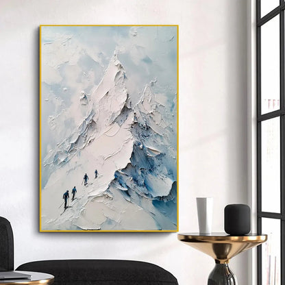 Blue and White Minimalist Skiing Painting - Textured Mountain Wall Art#TC 243