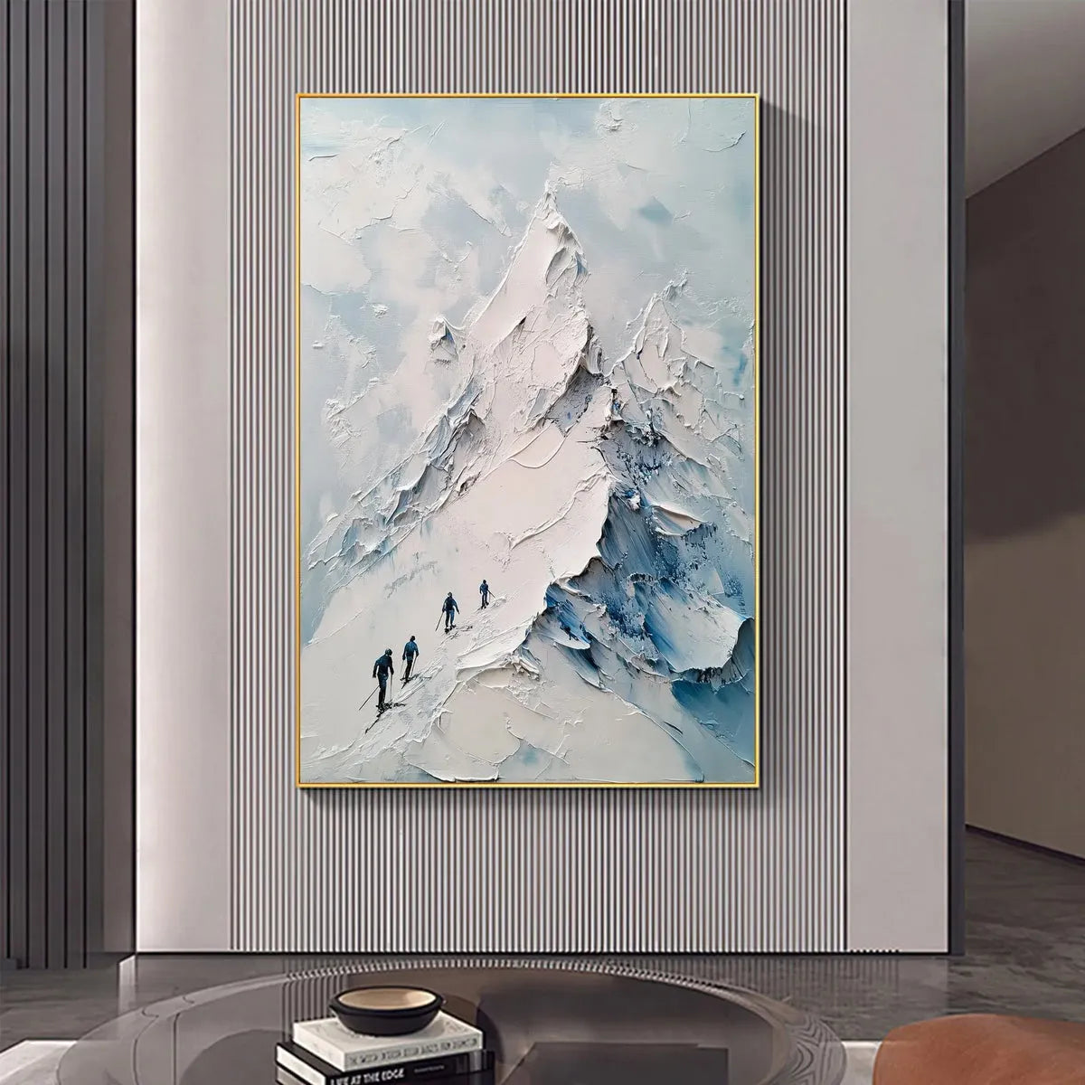 Blue and White Minimalist Skiing Painting - Textured Mountain Wall Art#TC 243