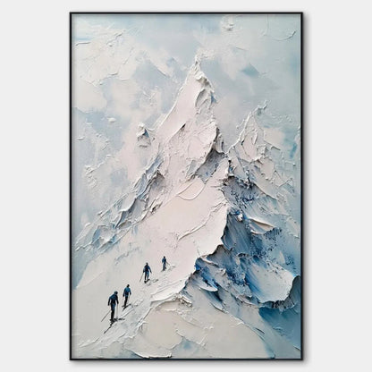 Blue and White Minimalist Skiing Painting - Textured Mountain Wall Art#TC 243