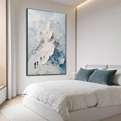 Blue and White Minimalist Skiing Painting - Textured Mountain Wall Art#TC 243