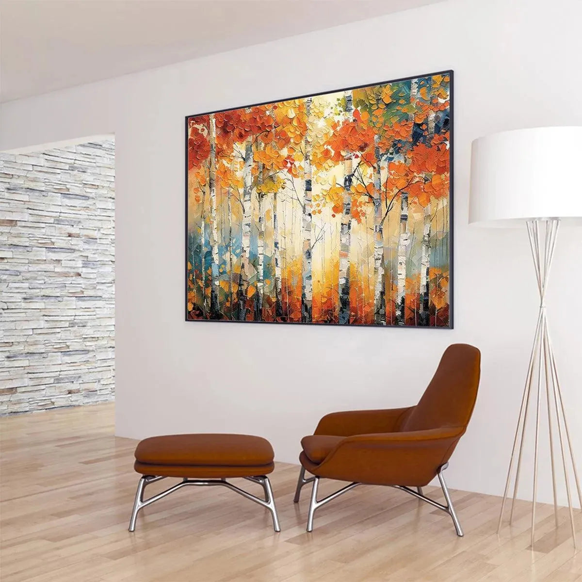 Birch Tree Landscape Oil Painting - Textured Forest Wall Art#TC 245