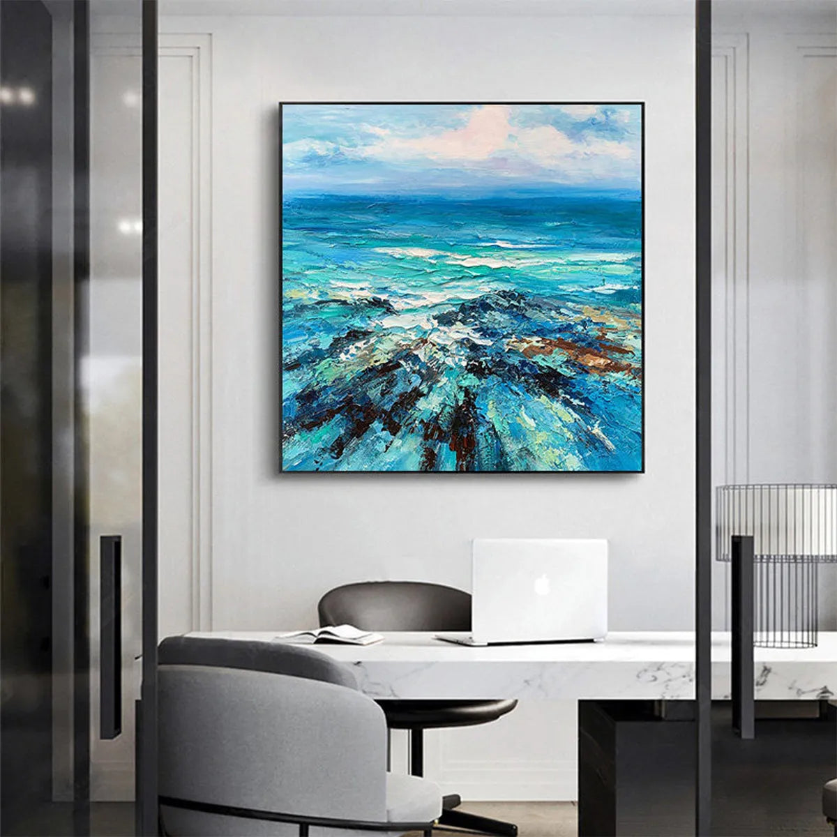 Blue Ocean Seascape Painting - Textured Waves Canvas Wall Art#ZZ 253