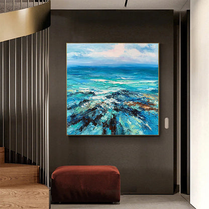 Blue Ocean Seascape Painting - Textured Waves Canvas Wall Art#ZZ 253