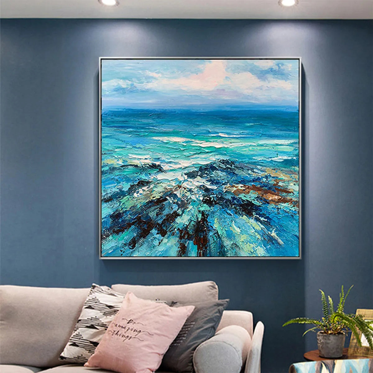 Blue Ocean Seascape Painting - Textured Waves Canvas Wall Art#ZZ 253