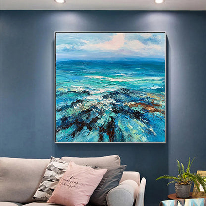 Blue Ocean Seascape Painting - Textured Waves Canvas Wall Art#ZZ 253