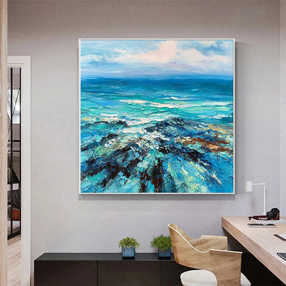 Blue Ocean Seascape Painting - Textured Waves Canvas Wall Art#ZZ 253