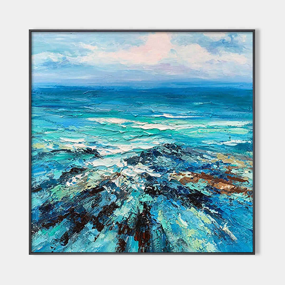 Blue Ocean Seascape Painting - Textured Waves Canvas Wall Art#ZZ 253