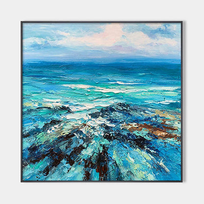 Blue Ocean Seascape Painting - Textured Waves Canvas Wall Art#ZZ 253