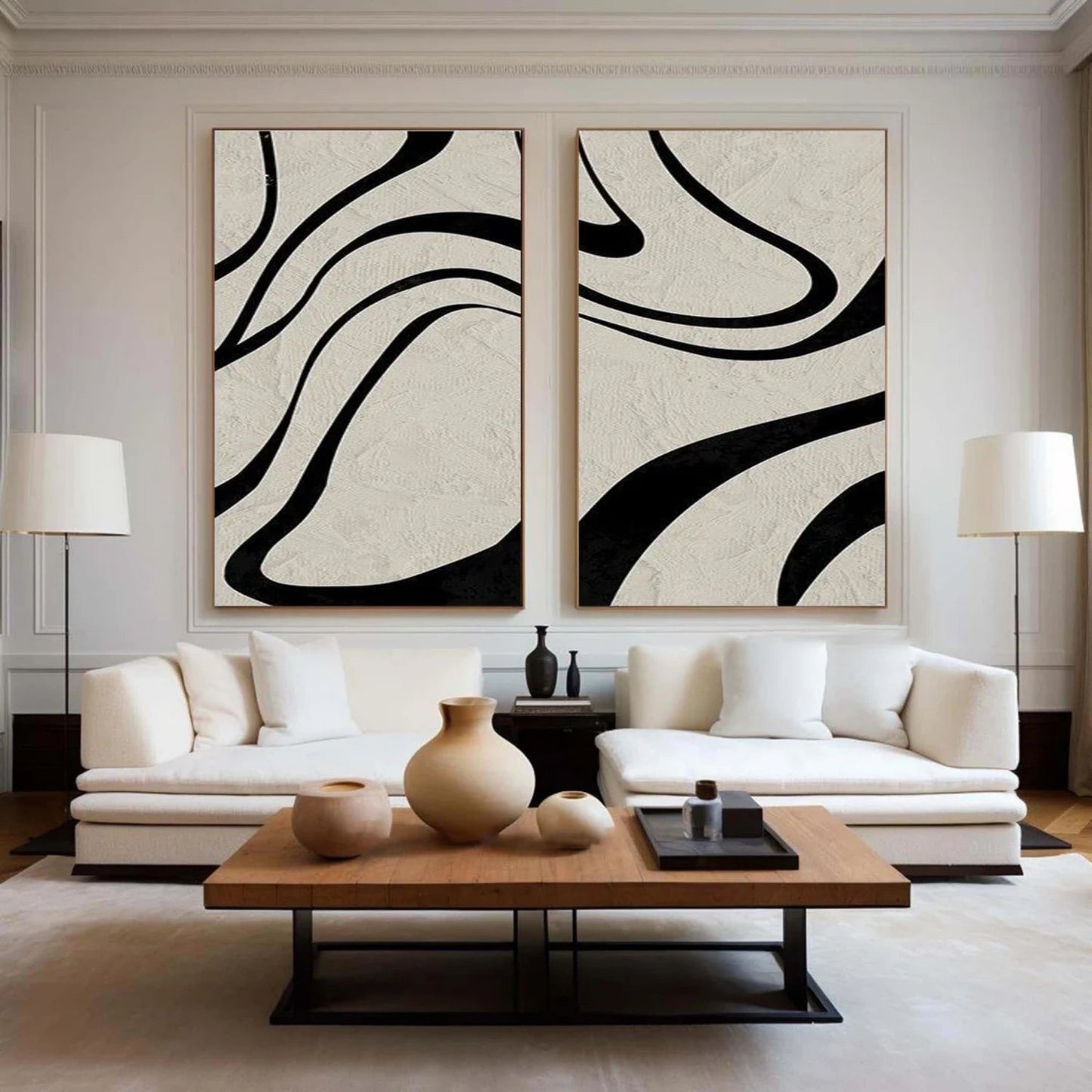 Modern Minimalist Black Lines on Beige Wall Art - Abstract Canvas Set of 2 #TB 119