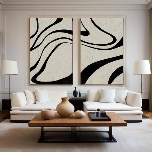 Modern Minimalist Black Lines on Beige Wall Art - Abstract Canvas Set of 2 #TB 119