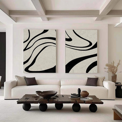 Modern Minimalist Black Lines on Beige Wall Art - Abstract Canvas Set of 2 #TB 119