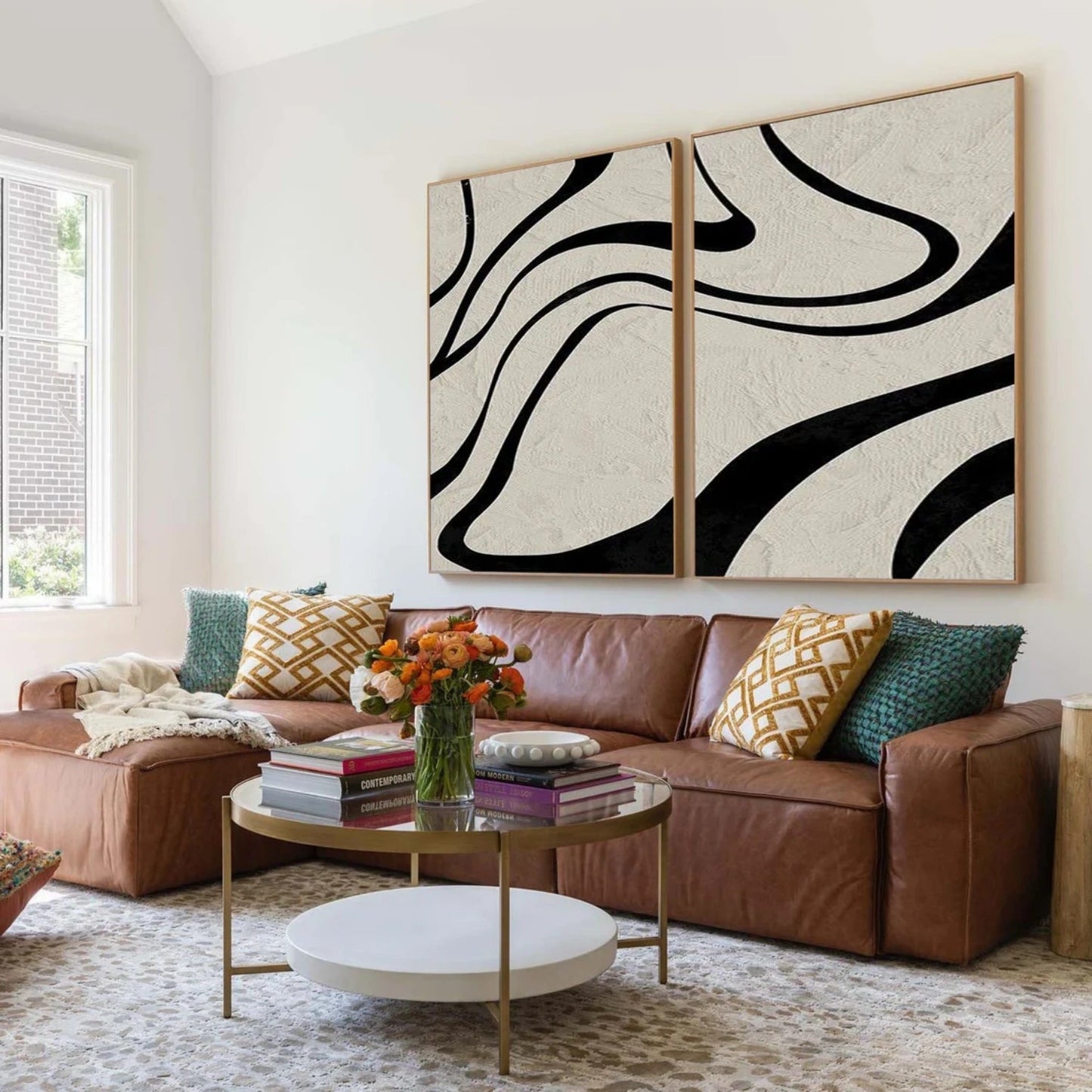 Modern Minimalist Black Lines on Beige Wall Art - Abstract Canvas Set of 2 #TB 119