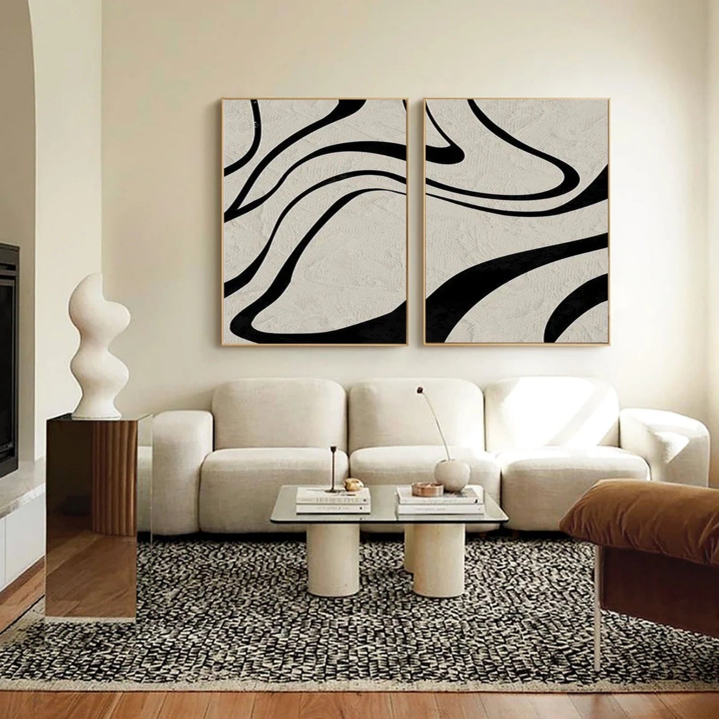Modern Minimalist Black Lines on Beige Wall Art - Abstract Canvas Set of 2 #TB 119