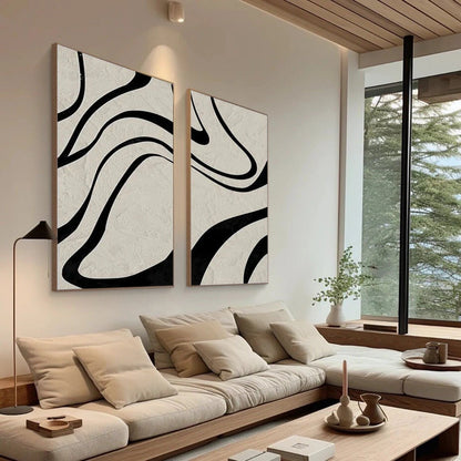 Modern Minimalist Black Lines on Beige Wall Art - Abstract Canvas Set of 2 #TB 119