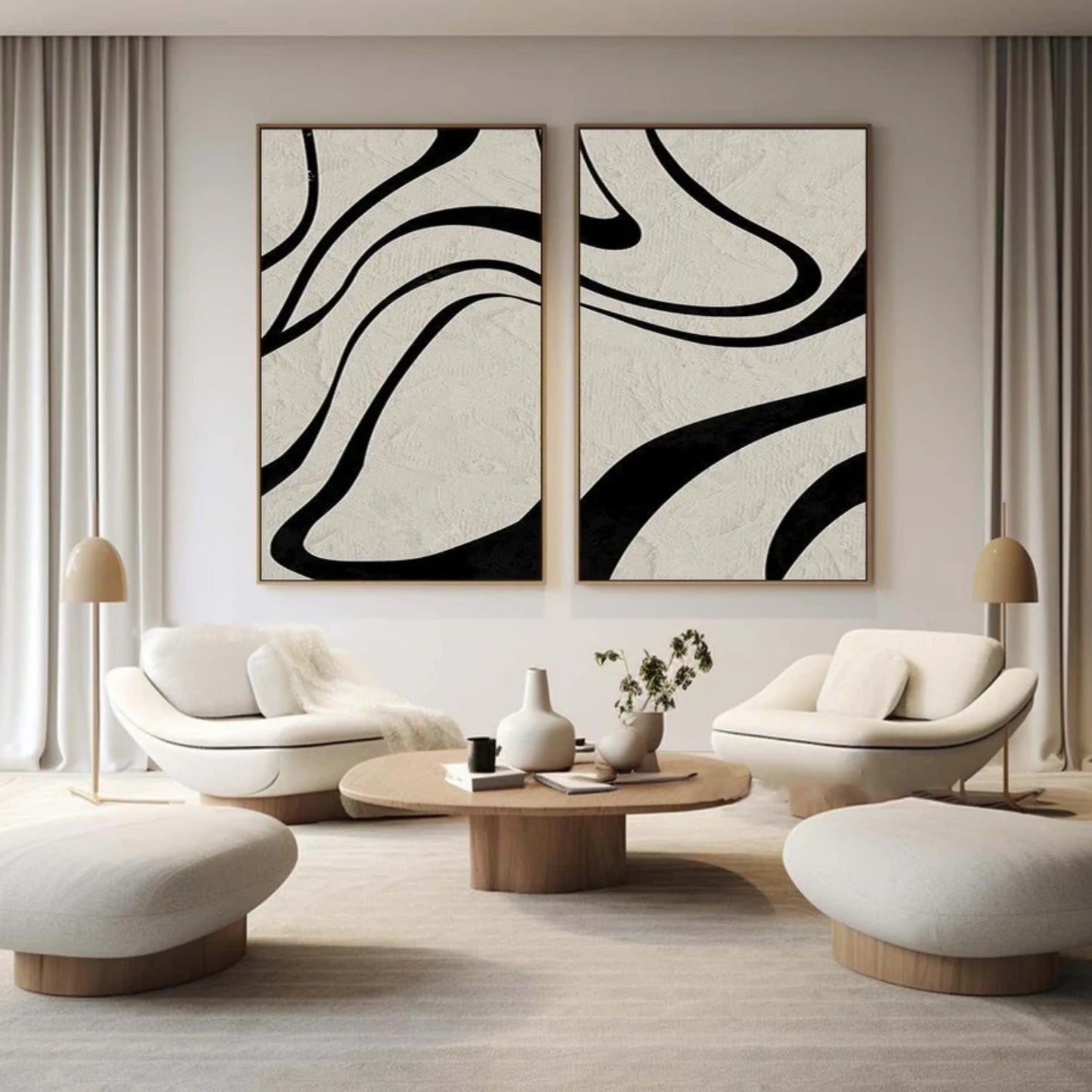 Modern Minimalist Black Lines on Beige Wall Art - Abstract Canvas Set of 2 #TB 119