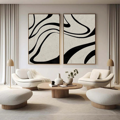 Modern Minimalist Black Lines on Beige Wall Art - Abstract Canvas Set of 2 #TB 119