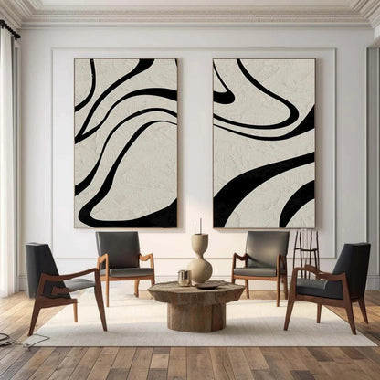 Modern Minimalist Black Lines on Beige Wall Art - Abstract Canvas Set of 2 #TB 119