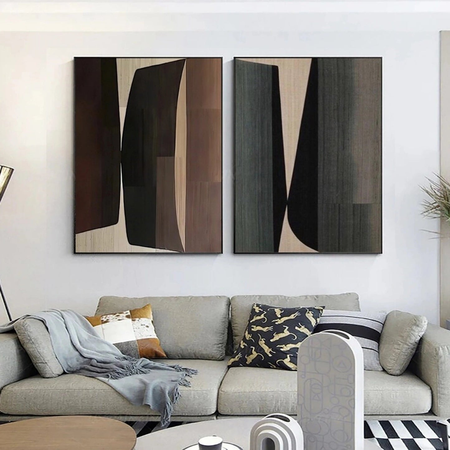 Modern Abstract Geometric Painting - 2 Piece Earth Tone Wall Art Set #TB 121