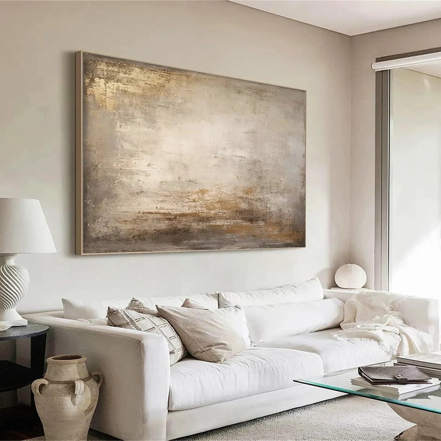 Modern Neutral Wall Art with Gold Leaf - Large Hand-Painted Minimalist Abstract Painting on Canvas #JJ080