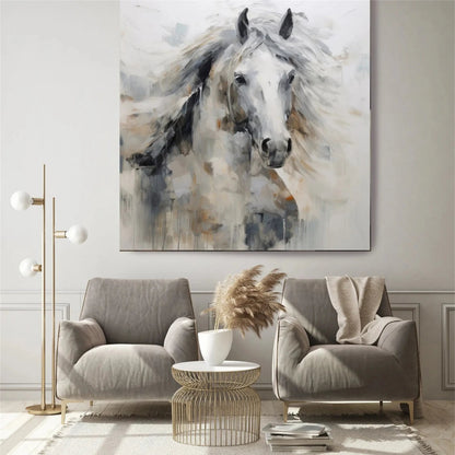 Spirited White Horse Art | Large Gestural Equine Painting Decor