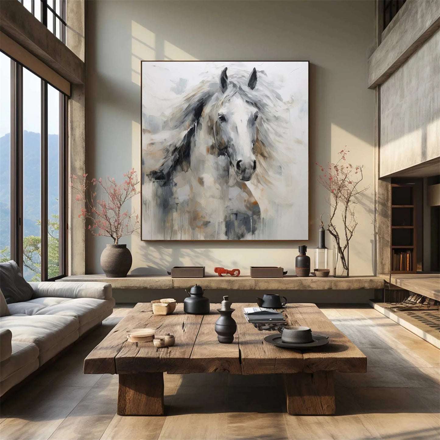 Minimalist Textured White Horse Oil Painting - Large Modern Hand-Painted Equine Canvas Art #ZZ152