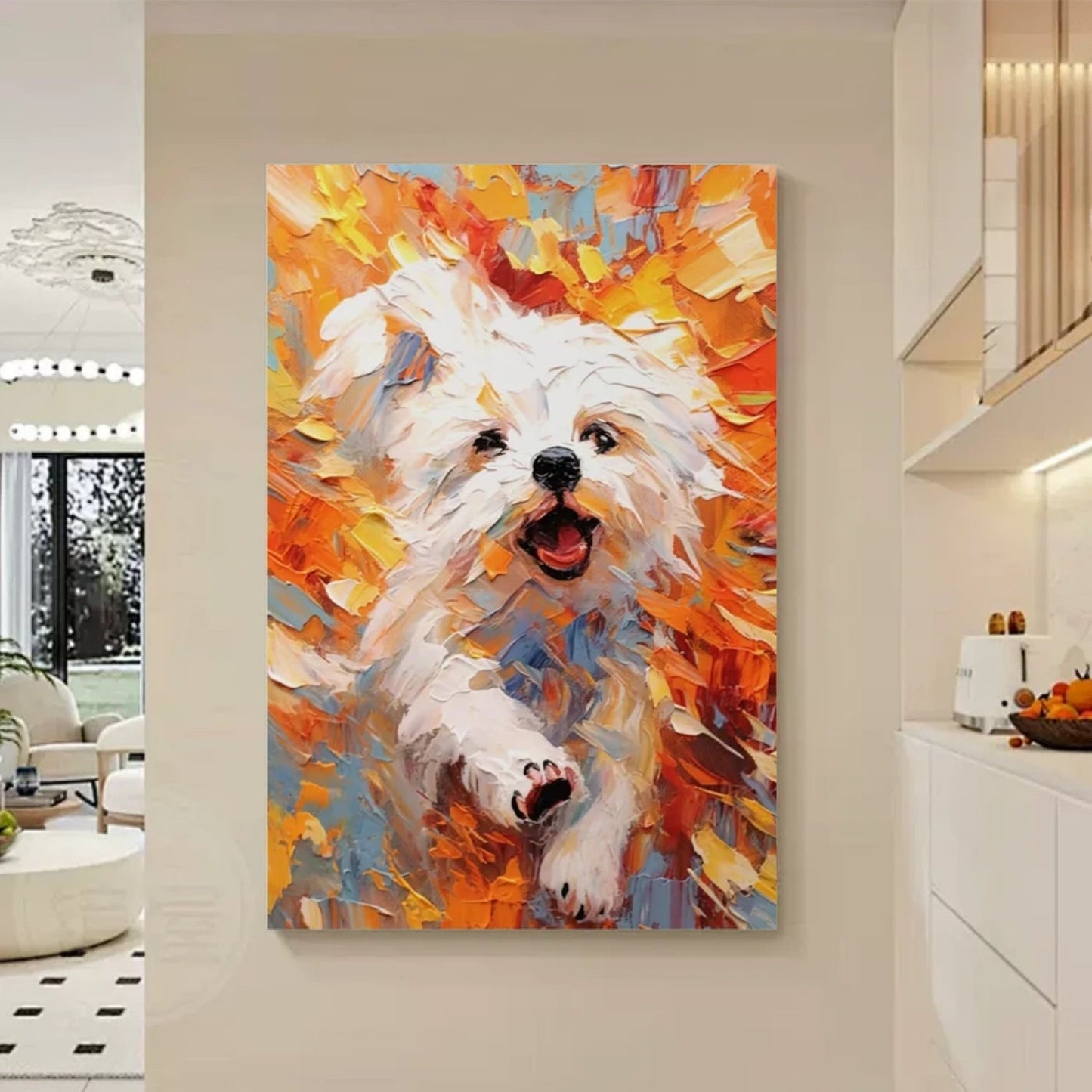 Vibrant Running White Dog Painting - Large Hand-Painted Textured Animal Wall Art on Canvas #ZZ167